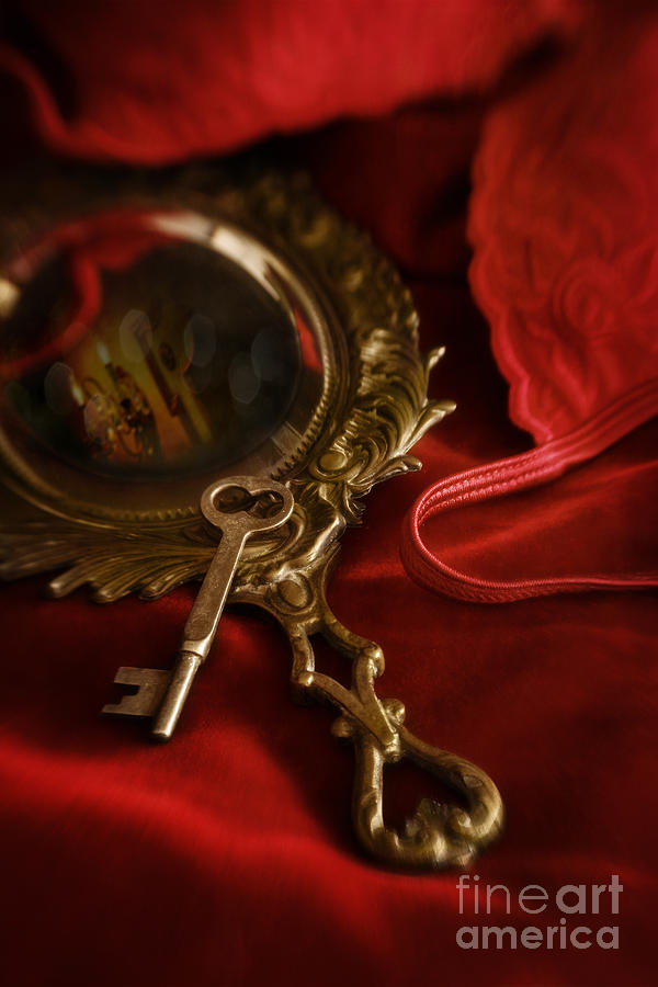 Gilded antique mirror with key on red velvet #1 Photograph by Sandra Cunningham