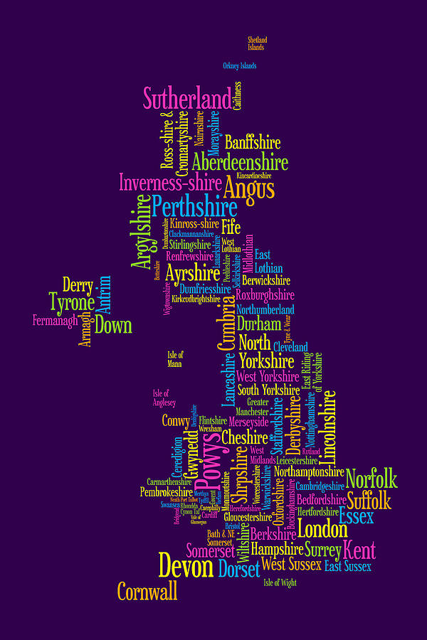 Great Britain UK County Text Map #1 Digital Art by Michael Tompsett