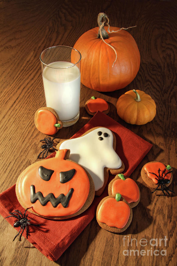Halloween cookies with a glass of milk #1 Photograph by Sandra Cunningham
