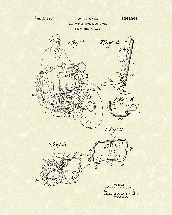 Harley Motorcycle 1934 Patent Art #1 Drawing by Prior Art Design
