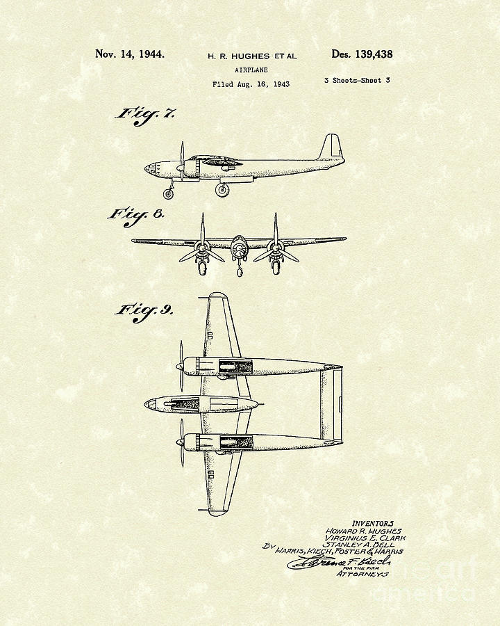 Airplane Drawing - Howard Hughes Airplane 1944 Patent Art   #1 by Prior Art Design