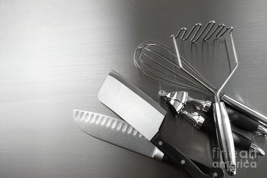 Knife Still Life Photograph - Kitchen utensils on stainless steel #1 by Sandra Cunningham