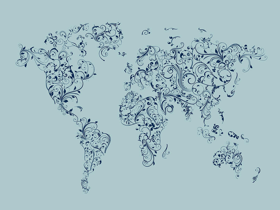 World Map Digital Art - Map of the World Map Floral Swirls #1 by Michael Tompsett