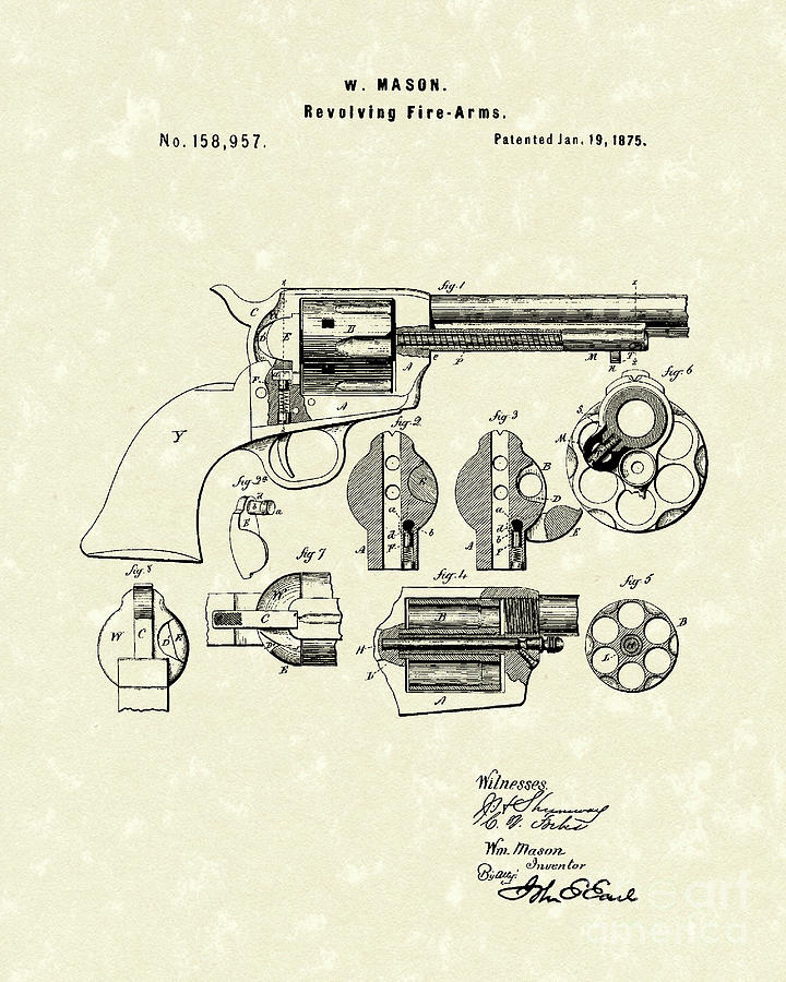 Mason Revolving Fire-Arm 1875 Patent Art #1 Drawing by Prior Art Design