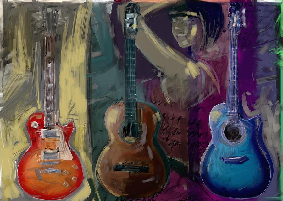 Music Painting - Three Guitar And Woman by Ertan Aktas