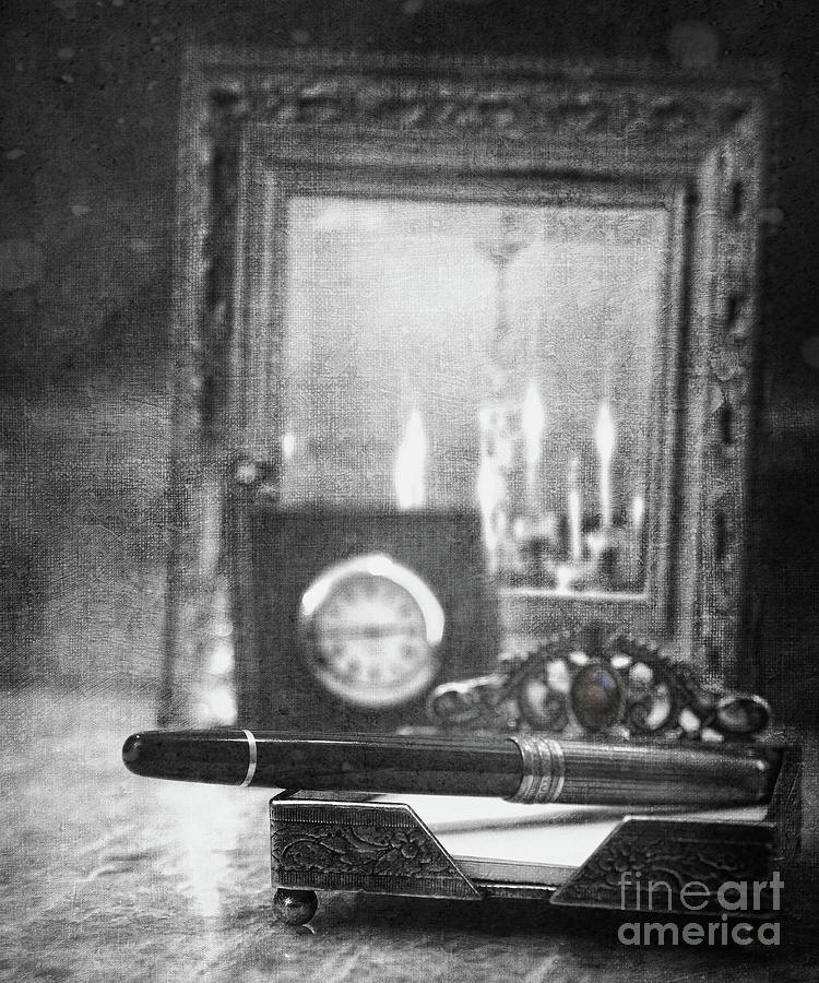 Nostalgic still life of writing pen with clock in background #1 Photograph by Sandra Cunningham