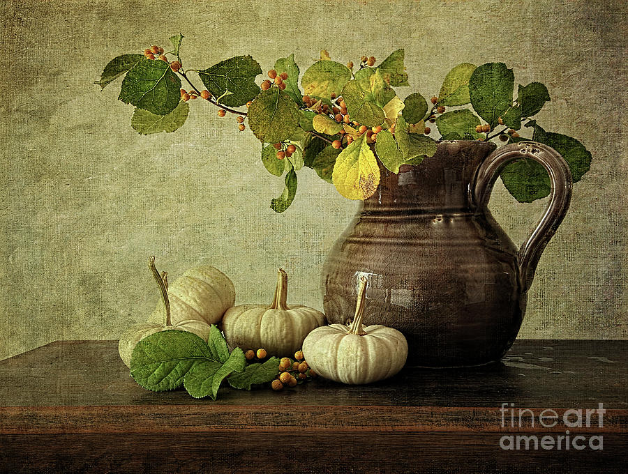 Old pitcher with gourds #1 Photograph by Sandra Cunningham