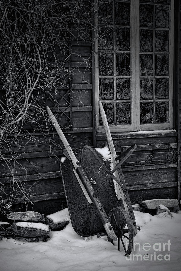 Old wheelbarrow leaning against barn in winter #1 Photograph by Sandra Cunningham