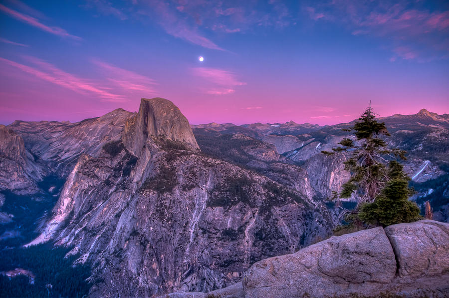 Pink Sunset Full Moon Half Dome #1 Photograph by Connie Cooper-Edwards