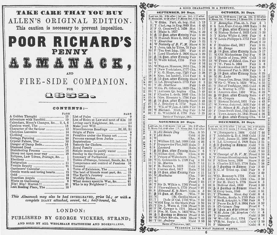 Book  - Poor Richards Penny Almanack, 1852 #1 by Photo Researchers
