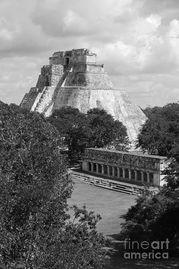 Pyramid of the Magician and Columns Group Structure at Uxmal Mexico Black and White #2 Photograph by Shawn OBrien
