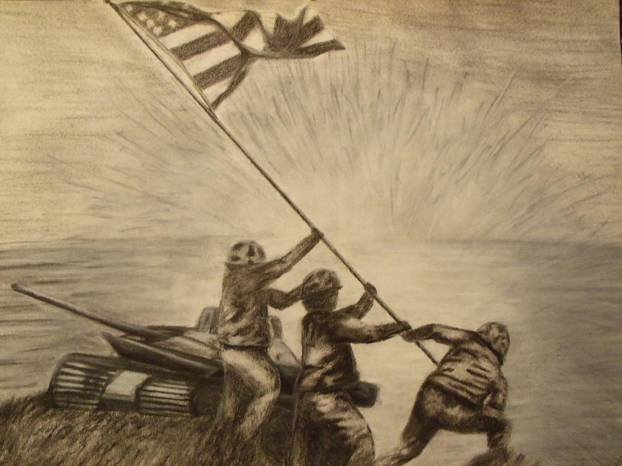 Raising the flag of victory Drawing by Ginny Lei