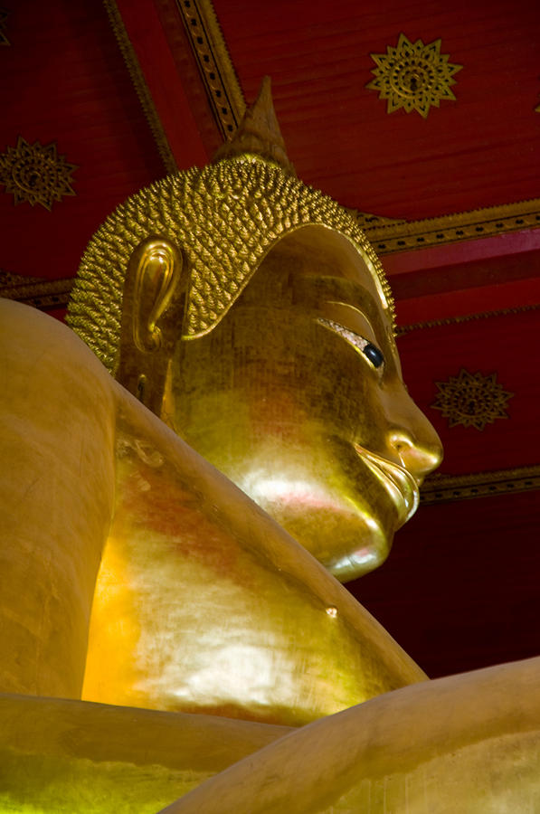 Red roofed hall with ornaments and a tall golden Buddha statue #1 Photograph by U Schade