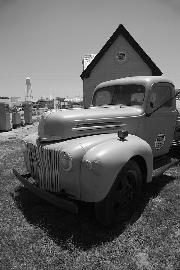 Route 66 Truck and Gas Station 2012 BW Photograph by Frank Romeo