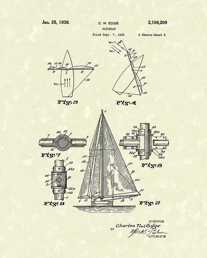 Boat Drawing - Sailboat 1938 Patent Art #1 by Prior Art Design