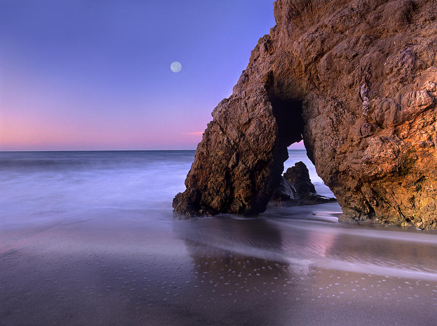 Sea Arch And Full Moon Over El Matador #1 Photograph by Tim Fitzharris