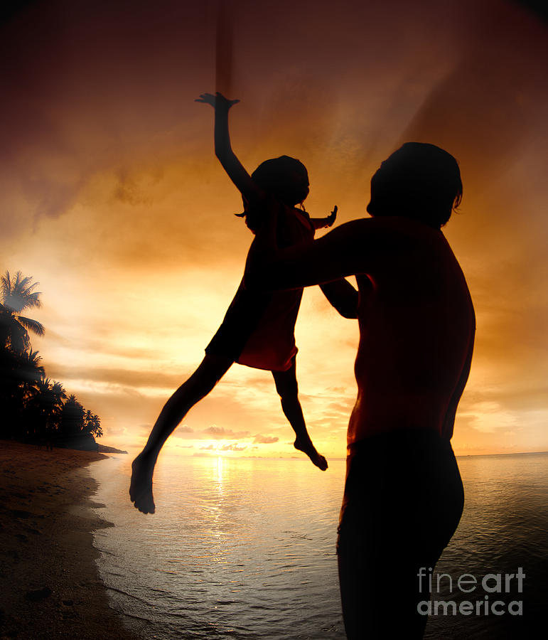 Silhouette Family Of Child Hold On Father Hand #1 Photograph by Anek Suwannaphoom