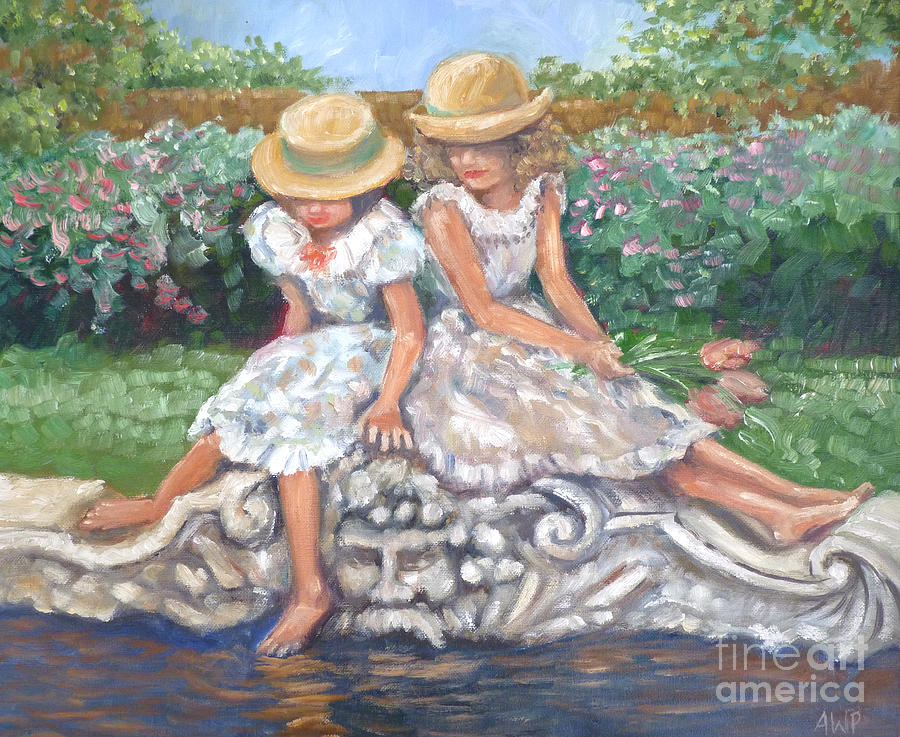 Sisters at the Fountain #1 Painting by Audrey Peaty