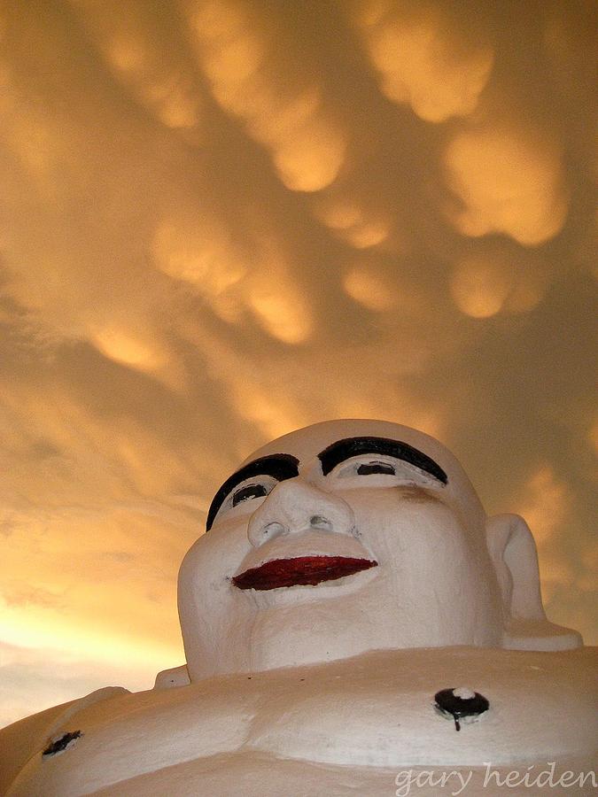 Smiling Fat Thai Buddha Under Mammocumulus Clouds #1 Photograph by Gary Heiden