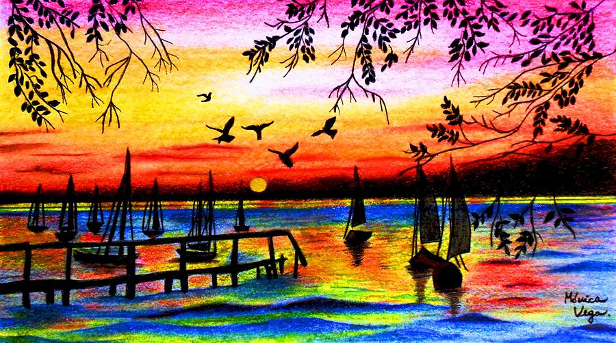 Beach Sunset Drawing Color Pencil