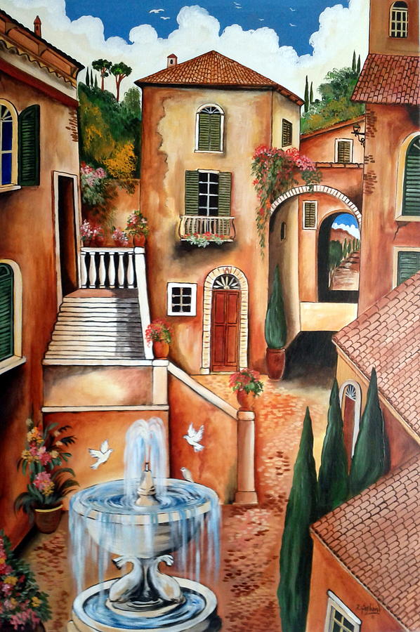 Villagio Painting - Three Doves Fountain #1 by Roberto Gagliardi