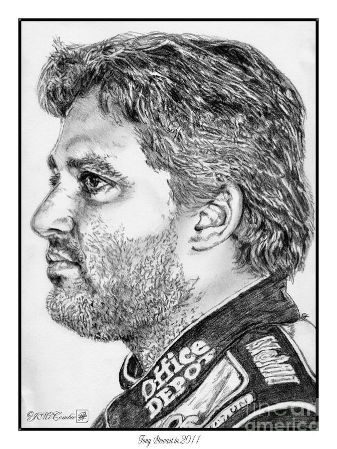 Black And White Drawing - Tony Stewart in 2011 #1 by J McCombie