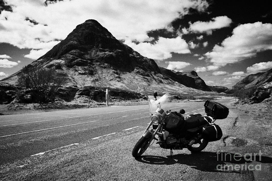 Touring Photograph - Touring Bmw Motorcycle Parked On The A82 Road In Front Of Buachaille Etive Beag In Glencoe Highlands #1 by Joe Fox