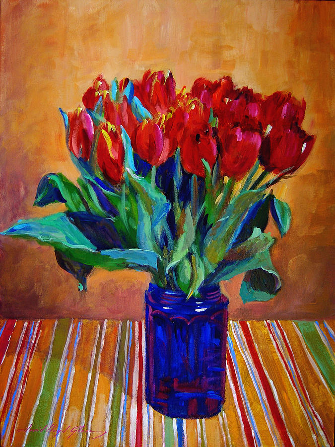 Tulips In Blue Glass Painting by David Lloyd Glover