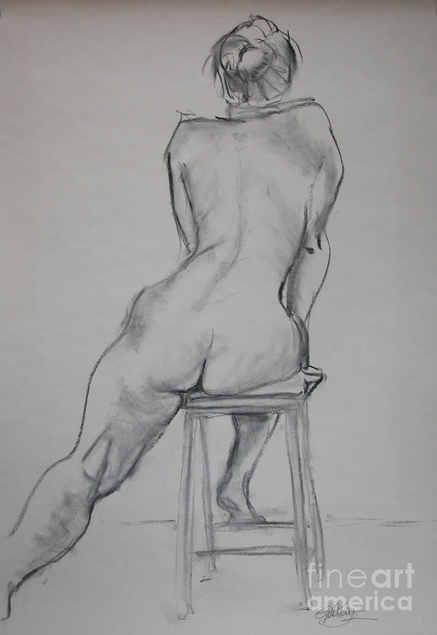 Nude Drawing - Ulrike and stool #1 by Gill Kaye