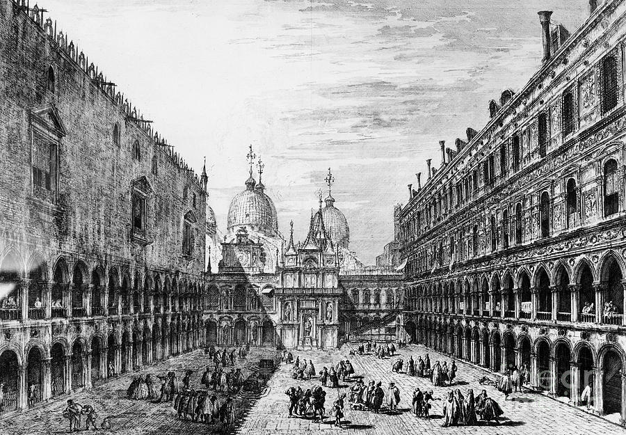 Venice - Saint Marks Square And The Doges Palace Drawing by Granger