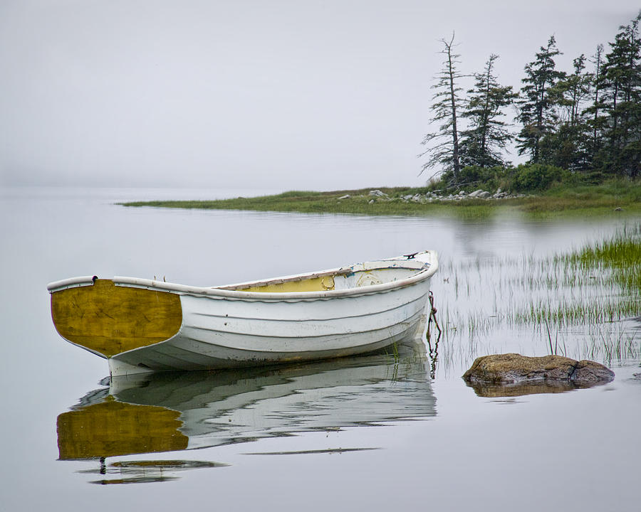 White Maine Boat on a Foggy Morning #1 Photograph by Randall Nyhof