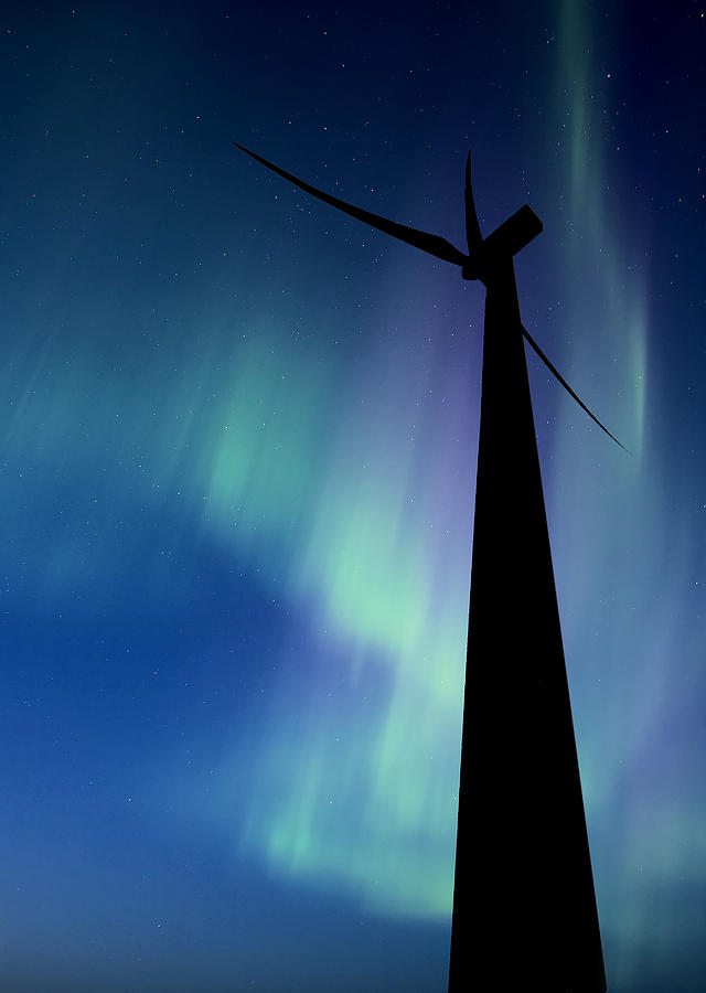 Wind farm  and Northern Lights #1 Digital Art by Mark Duffy