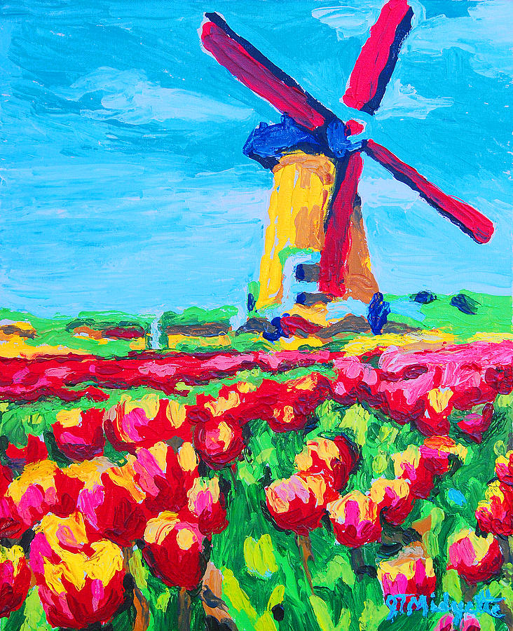 Windmill and Tulips #1 Painting by Tommy Midyette