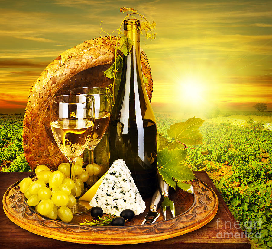 Still Life Photograph - Wine and cheese romantic dinner outdoor #1 by Anna Om