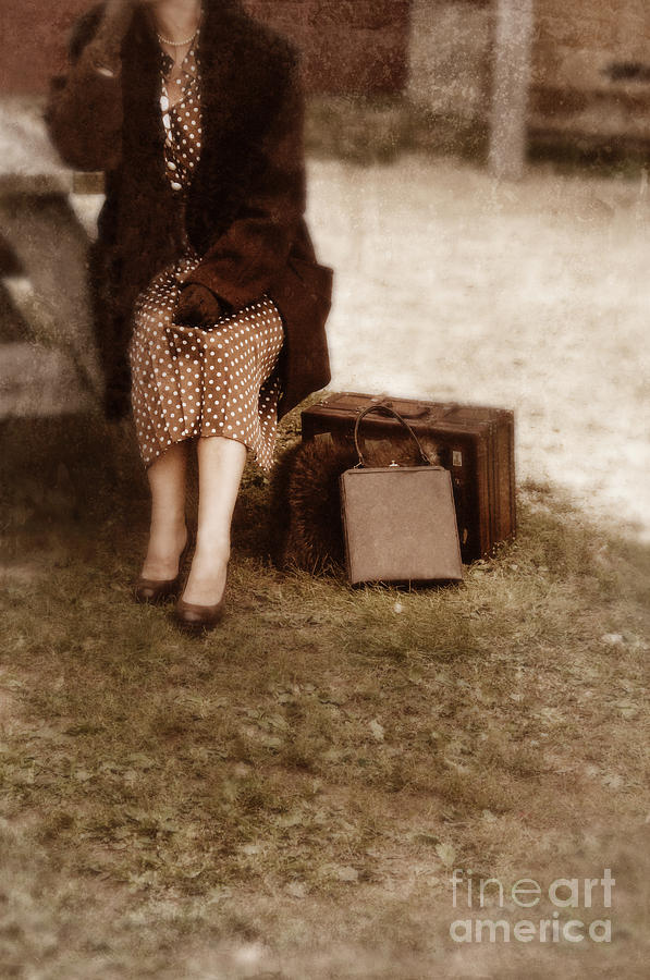 Woman in Vintage 1940s Clothing Waiting with Suitcase. #1 Photograph by Jill Battaglia