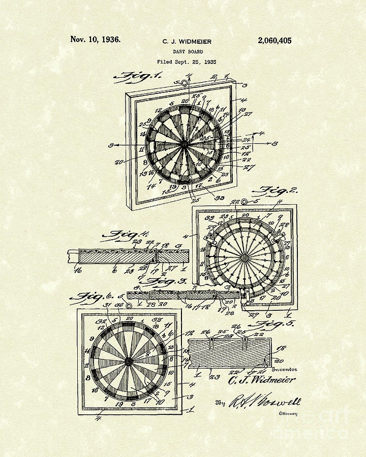 1936 Patent Art Dart Board Drawing by Prior Art Design