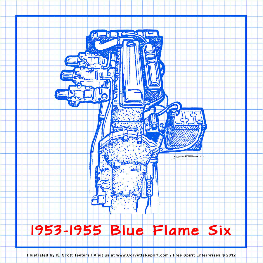 1953-1955 Corvette Blue Flame Six Engine Reverse Blueprint Drawing by K Scott Teeters