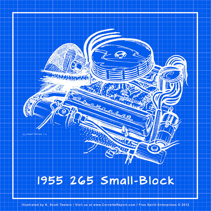 1955 265 Small Block Chevy Corvette Engine Reverse Blueprint Drawing by K Scott Teeters