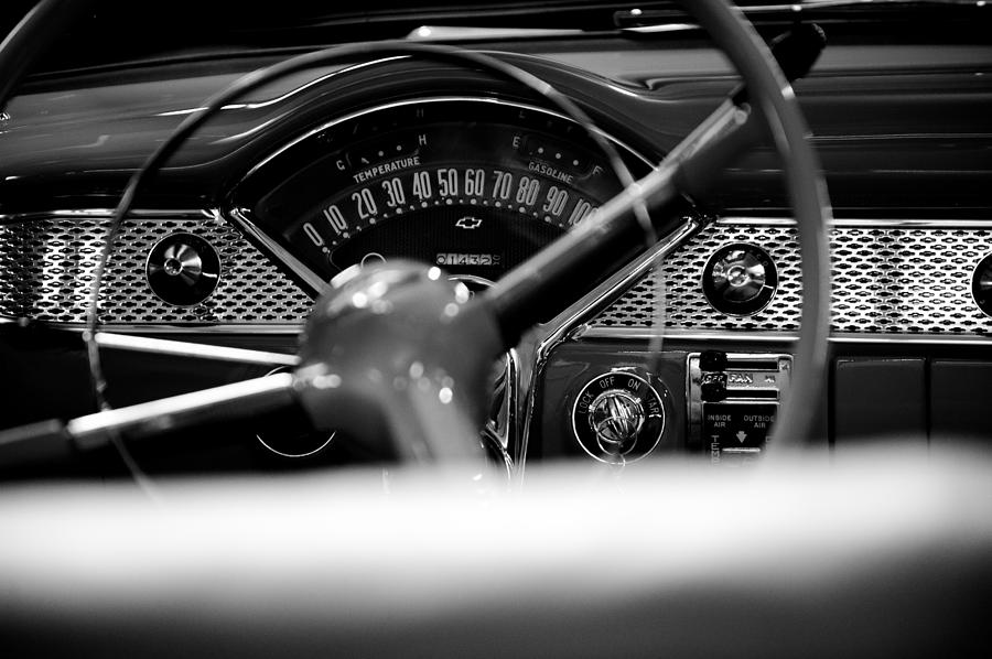 1955 Chevy Bel Air Dashboard in Black and White Photograph by Sebastian Musial