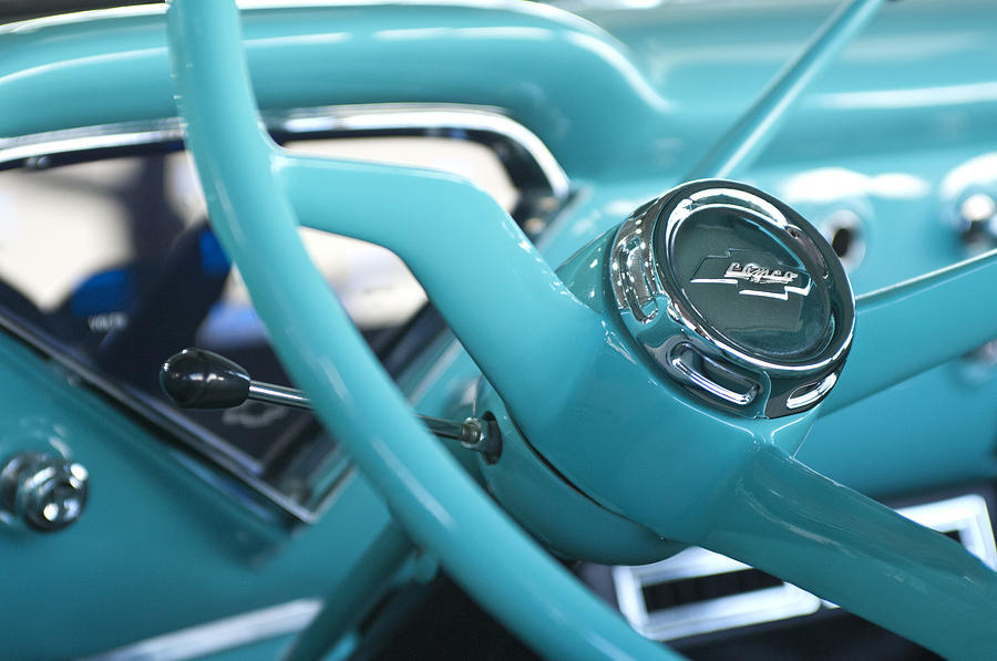Car Photograph - 1957 Chevrolet Cameo Pickup Truck Steering Wheel Emblem by Jill Reger