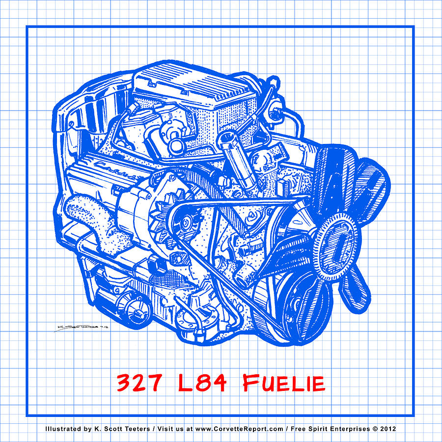 1963 - 1965 L84 327 Corvette Fuelie Engine Blueprint Drawing by K Scott Teeters