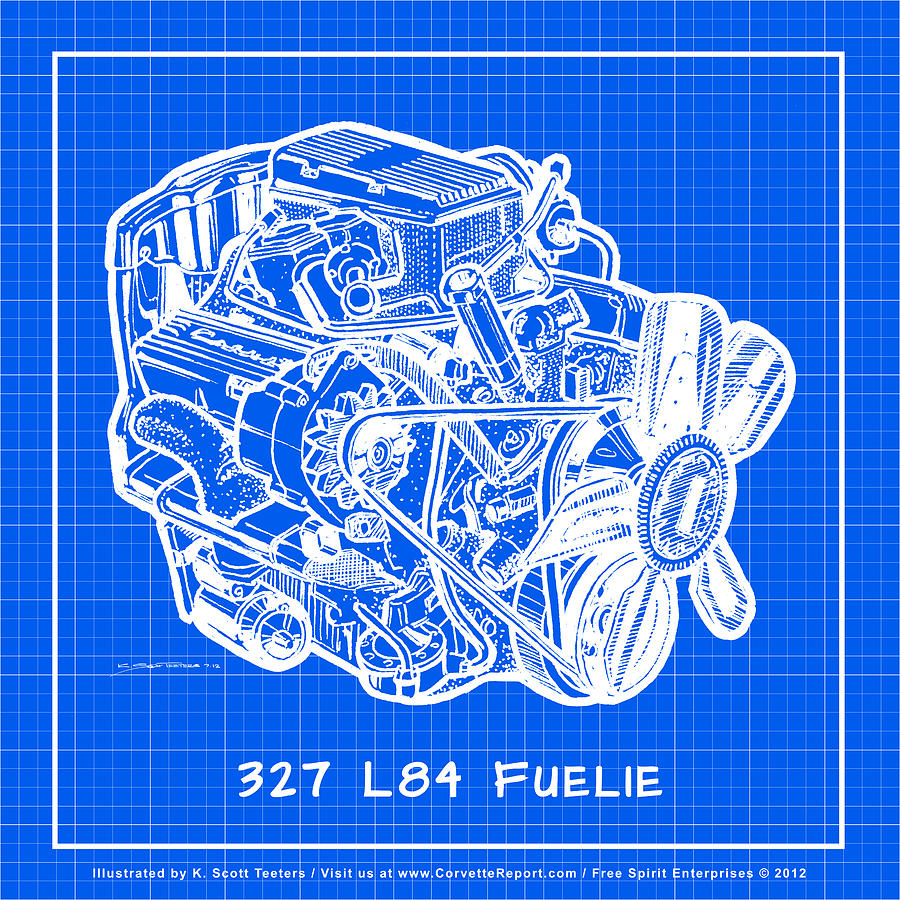 1963 - 1965 L84 327 Corvette Fuelie Engine Reverse Blueprint Drawing by K Scott Teeters