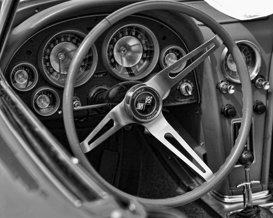 Vintage Photograph - 1963 Chevy Corvette Steering Wheel and Dash Board Black and White by Gordon Dean II