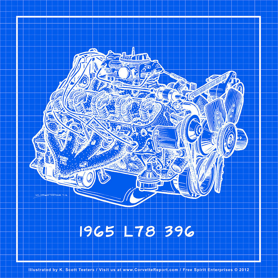 1965 L78 396 Big-Block Corvette Engine Reverse Blueprint Drawing by K Scott Teeters