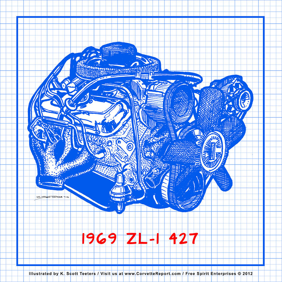 1969 427 ZL-1 Corvette Racing Engine Blueprint Drawing by K Scott Teeters