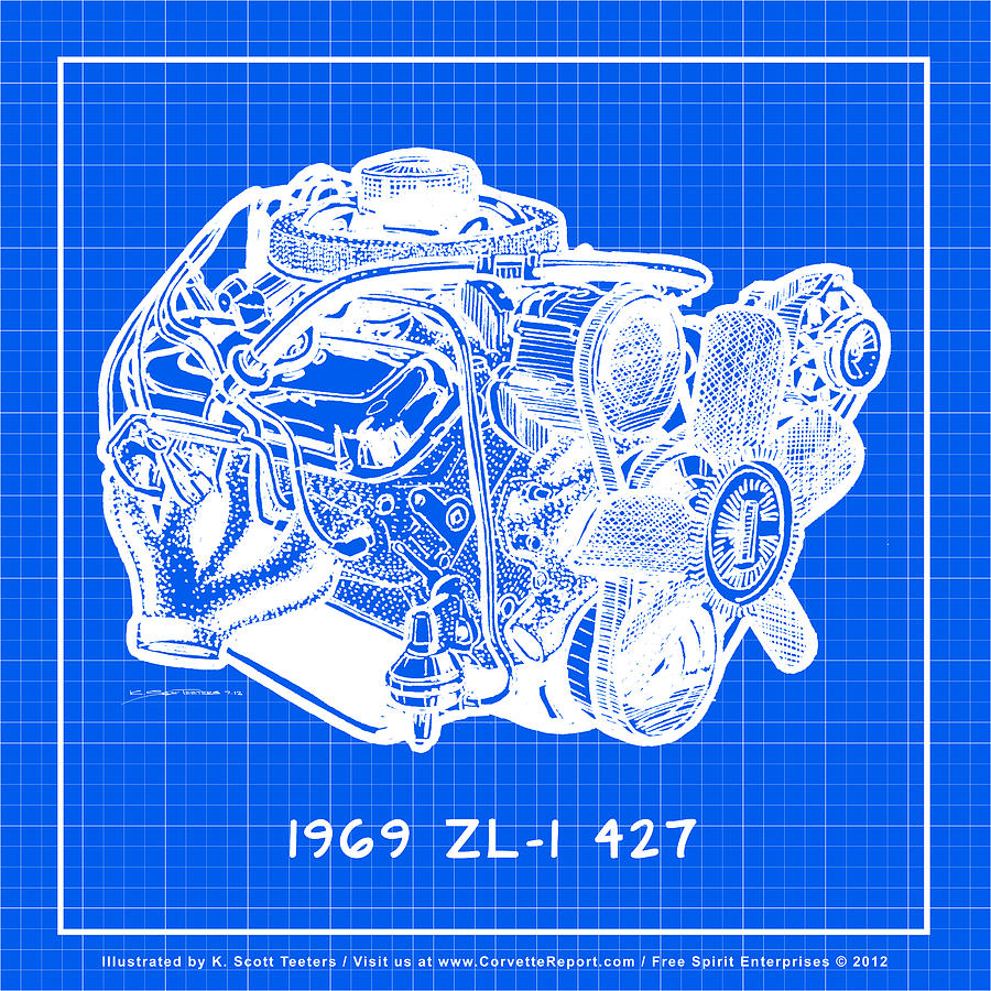 1969 427 ZL-1 Corvette Racing Engine Reverse Blueprint Drawing by K Scott Teeters