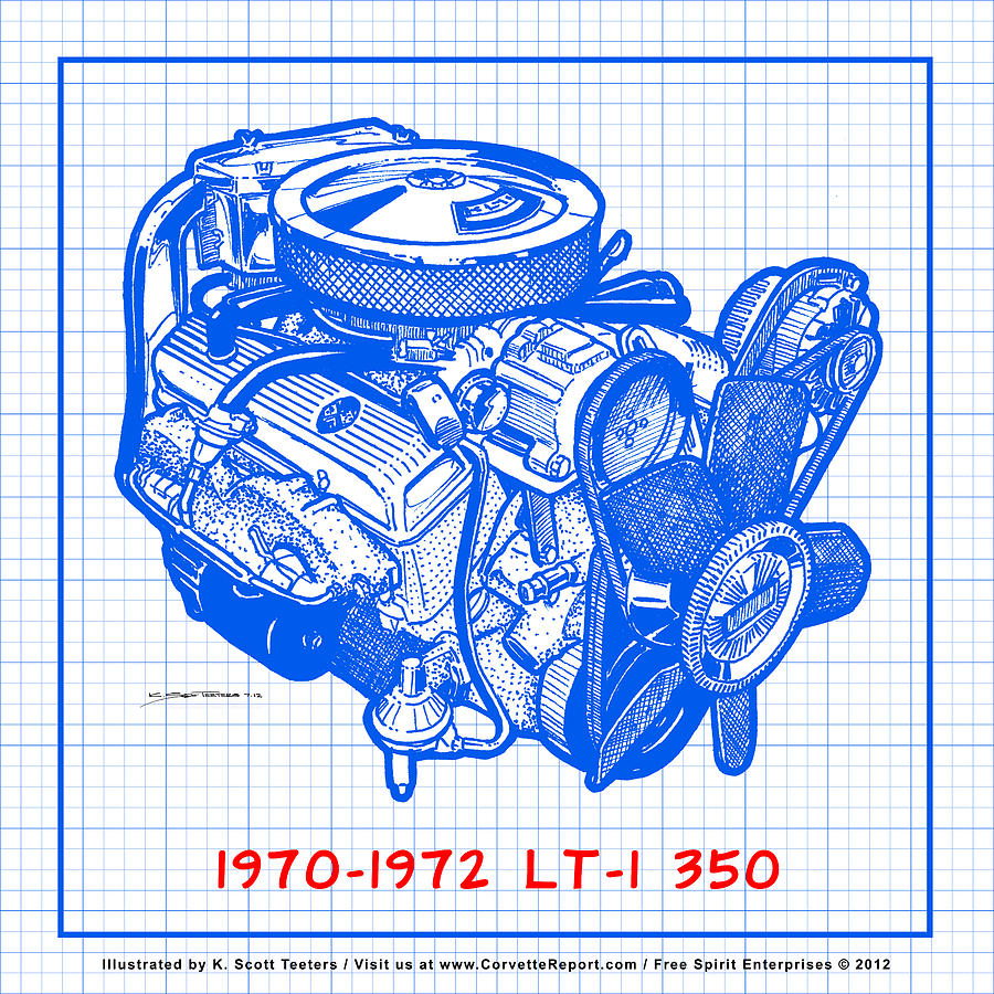 1970 - 1972 LT-1 Corvette Engine Blueprint Drawing by K Scott Teeters