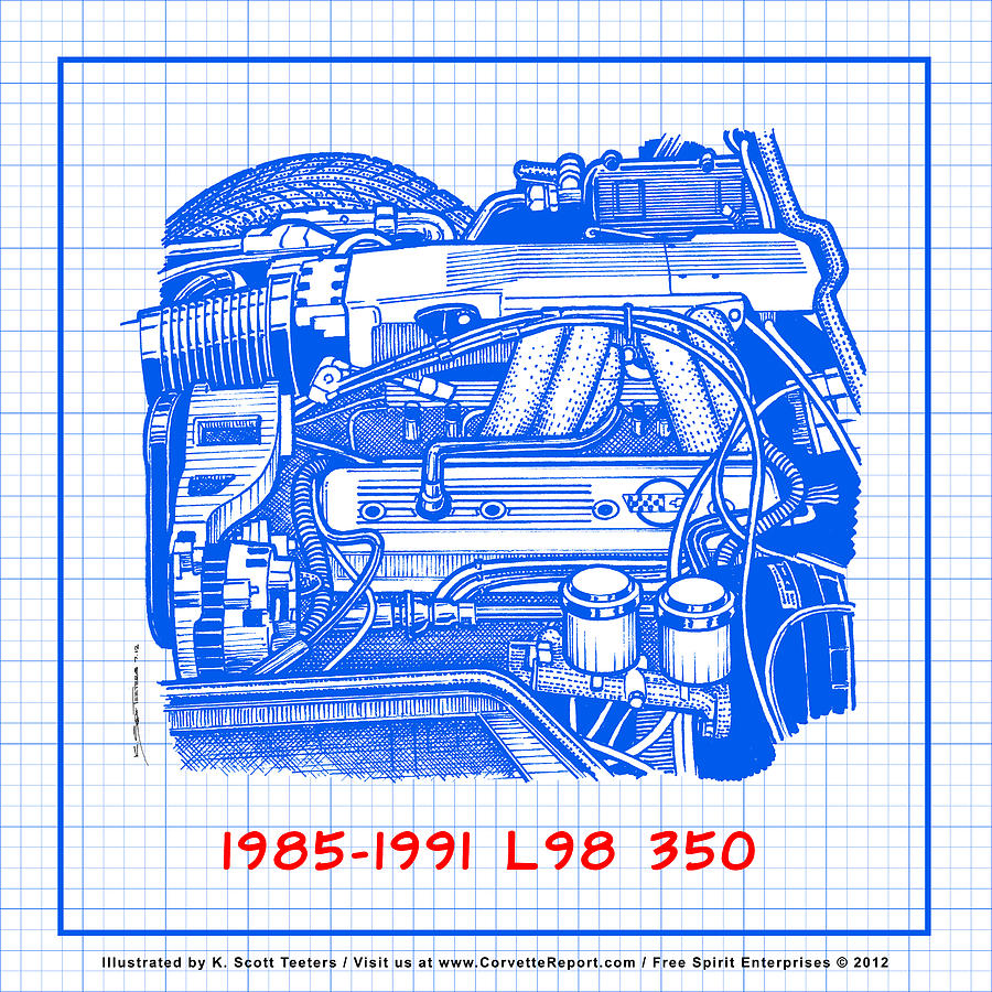 1985 - 1991 L98 Fuel-Injected Corvette Engine Blueprint Drawing by K Scott Teeters
