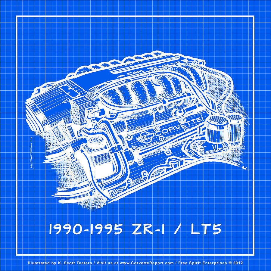1990-1995 C4 ZR-1 LT5 Corvette Engine Reverse Blueprint Drawing by K Scott Teeters
