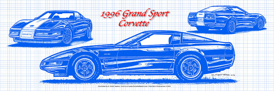 1996 Grand Sport Corvette Blueprint Digital Art by K Scott Teeters